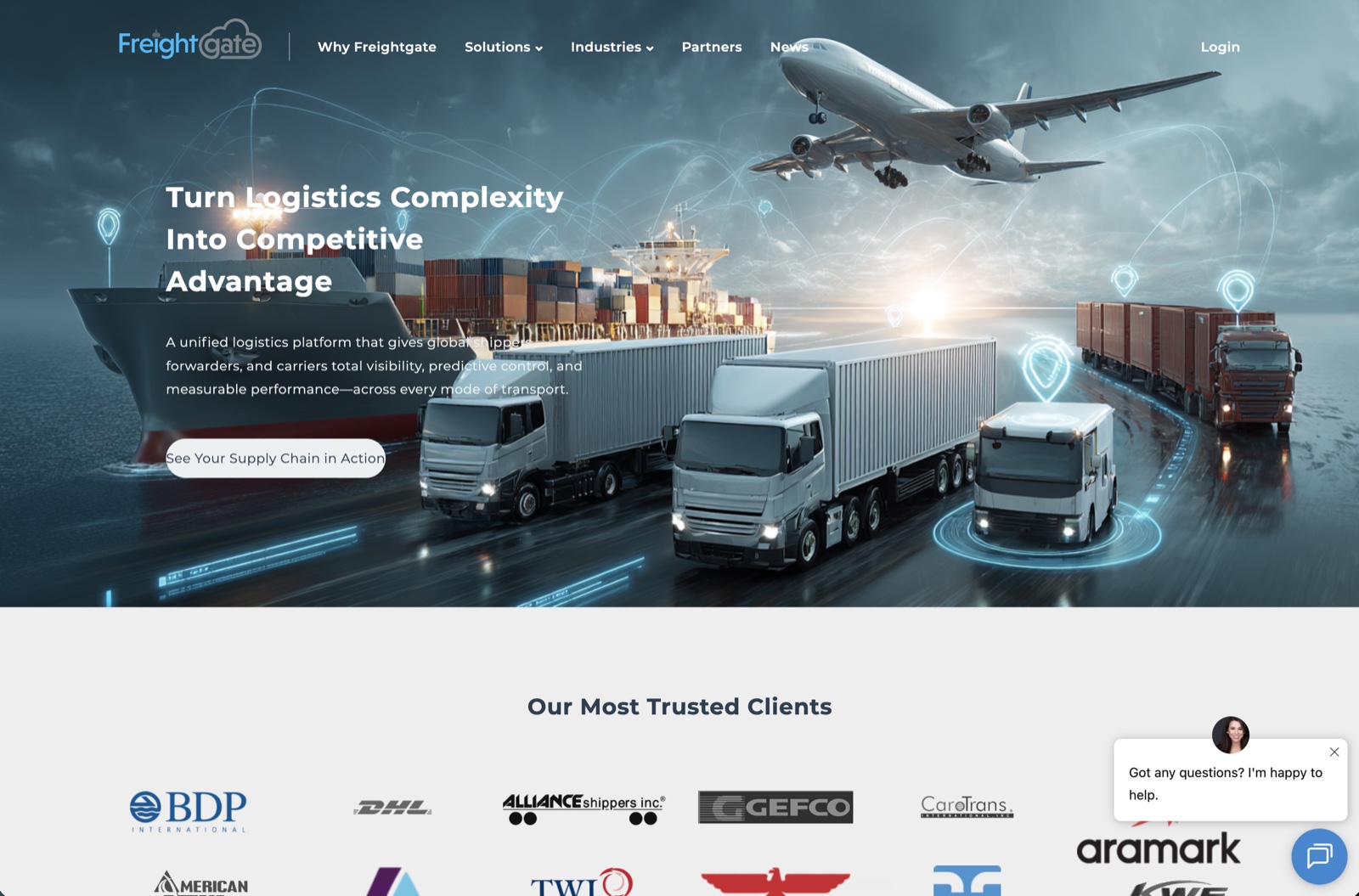 The old FreightGate website before the redesign, a generic stock-photo logistics marketing site.