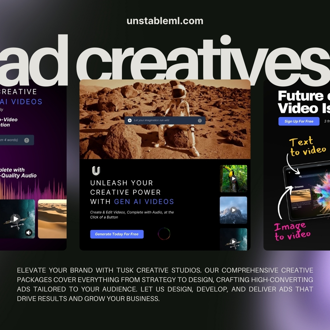 UnstableML AI video generation product ad creative.