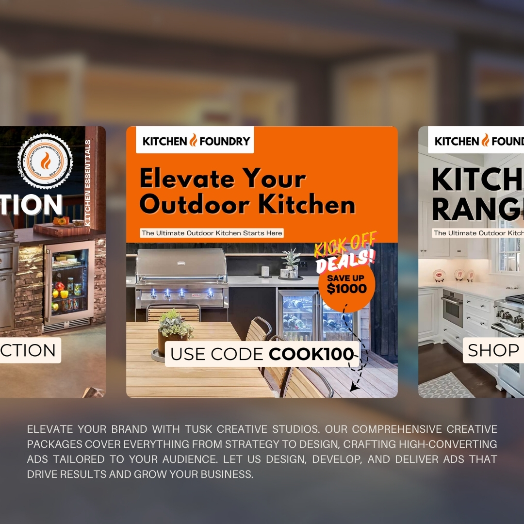 Kitchen Foundry paid ad creative for an outdoor kitchen campaign.