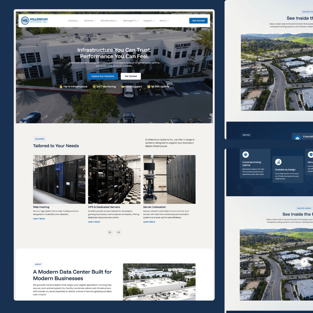 Millennium Systems Inc. data center hosting and colocation website by Tusk Creative Studios.